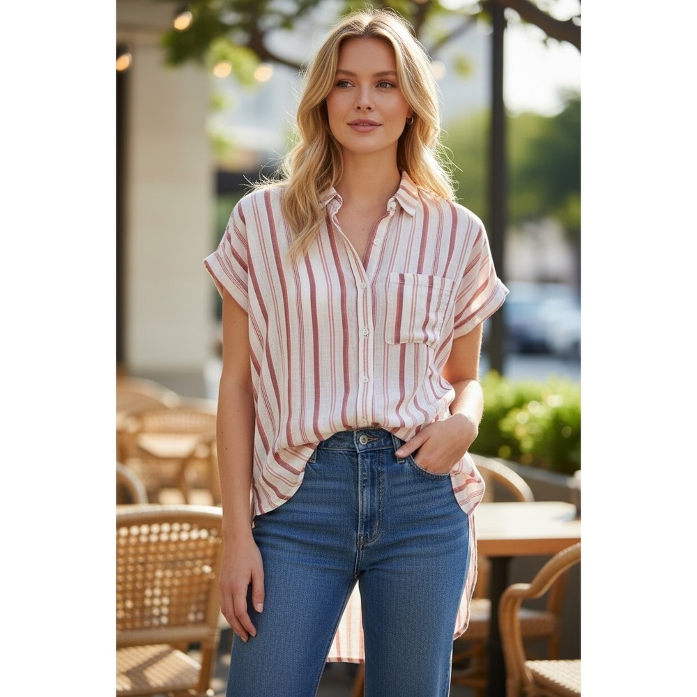 Sanctuary Top Womens Small‎ Red White Striped Button Up Pocket Shirt